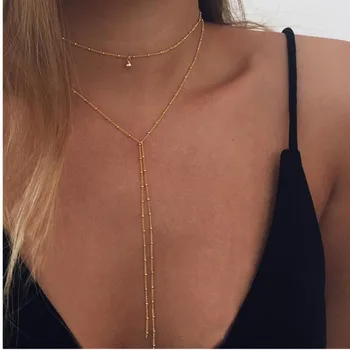 2019 Simplu Argint Aur de Culoare Lanț Cravată Colier Margele Lungi Ciucure Chocker Coliere Pentru Femei guler collier ras du cou