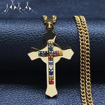 Cristal colorat din Oțel Inoxidabil Cruce Catolicism Pandantive Colier Femei de Culoare de Aur Coliere Bijuterii collares mujer N4922S05