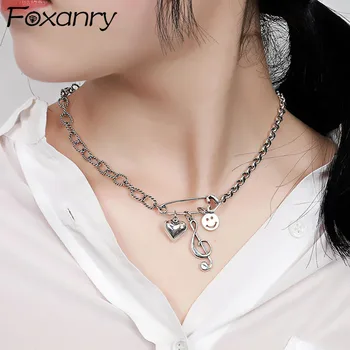 Foxanry Culoare Argintie Smiley Colier Ciucure pentru Femei de Moda de Epocă Dragoste Inima Notă Thai Argint Bijuterii Punk Rock