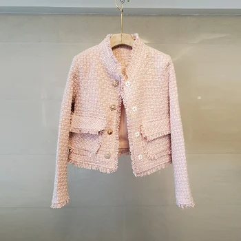 JSXDHK 2021 Nouă Primăvară Femei Sacou de Tweed Coat de Înaltă Calitate ștrasuri din Mărgele Butonul Carouri Ciucure Buzunare de Lână Roz Vintage de Îmbrăcăminte