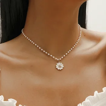 Moda Alb Elegant Daisy Guler Imitatie Perla Cravată Colier pentru Femei de Floarea-soarelui Floare Pandantiv Lanț de Șirag de mărgele Bijuterii Cadou