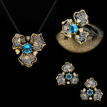 Noi Aurul Negru Set de Trei piese Două-ton Safir Inel Fashion Lotus Cercei Colier Inel Bijuterii pentru Femei din Trei piese Set