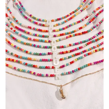 Stratificat Naturale Shell Scrisoare Cu Margele Colier Pentru Femei Vintage, Bijuterii De Vară Pline De Culoare Șirag De Mărgele Turcoaz Cravată Inițială Coliere