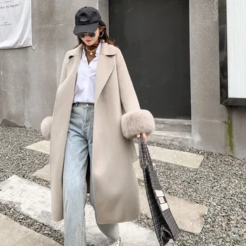 Streetwear Doamnelor real Sacou Lână cu Centură Adevărată Haină de Blană Rândul său, în Jos autentic haine de blana