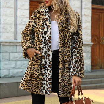 Toamna Iarna Femei Faux Blana Haina Streetwear Cald De Pluș Teddy Paltoane Lungi Leopard De Imprimare De Lux, Blana Fals Sacou Feminin Strat De Pluș
