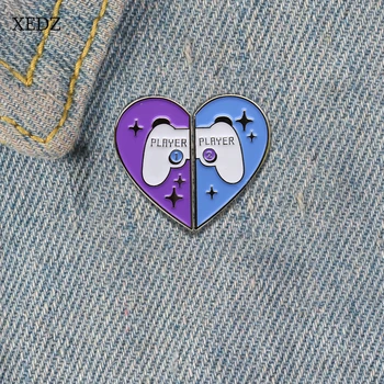 XEDZ Desene animate două petale de despicare dragoste în formă de inimă email brosa violet albastru despicare joc stele insigna prieteni depăși elemente d