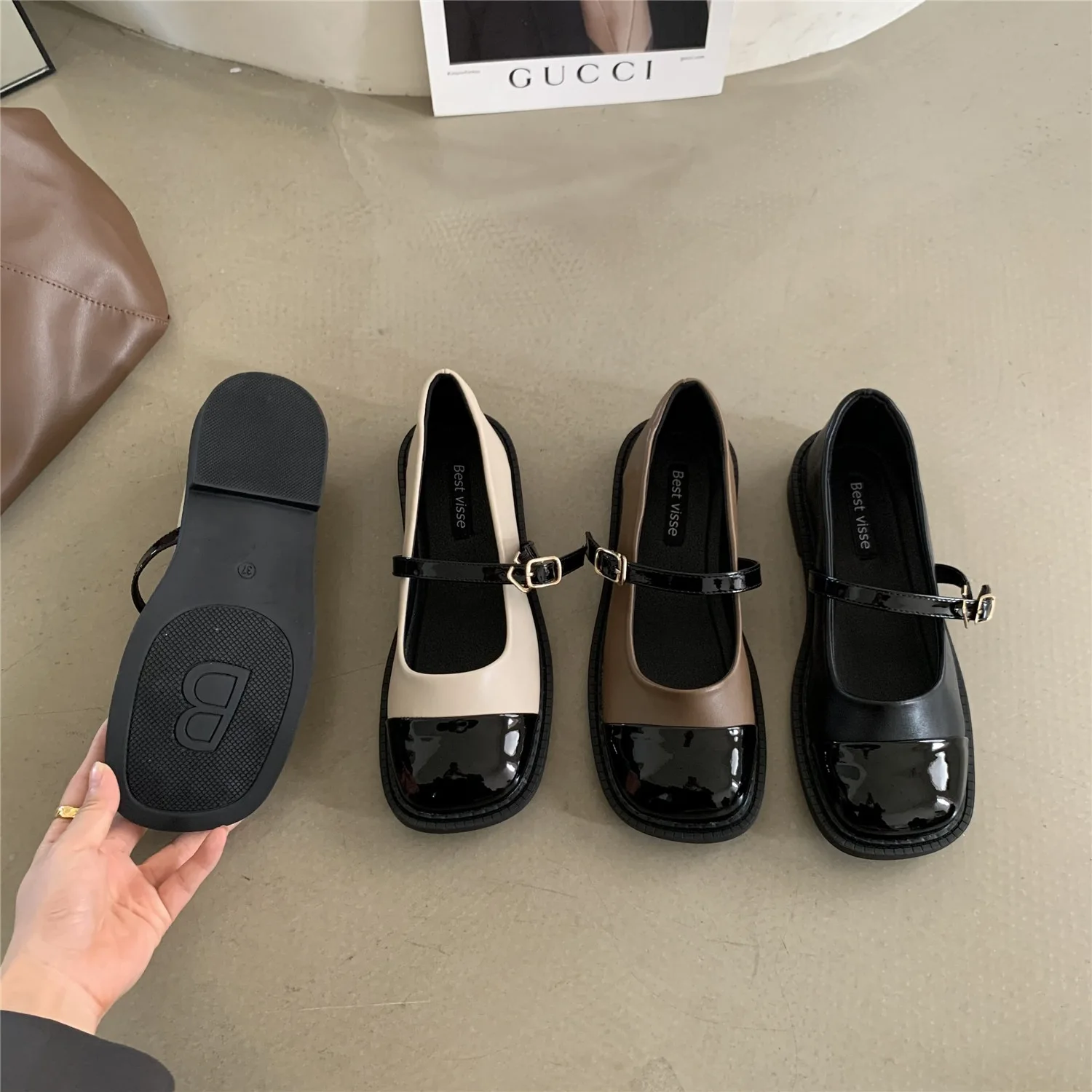 De Potrivire De Culoare Mary Jane Pentru Femei Shoes22 Nouă Primăvară Franceză Piele Moale Retro Unic Pantofi Stil Britanic Mici Pantofi Din Piele Brand Imagine 2