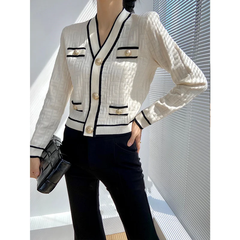 Jacquard Special Ambarcațiuni Knit Cardigan Jacheta Femei Toamna Stil de Colegiu Scurte Pulover V-neck Negru Exterior Maneca Lunga de Sus Imagine 3