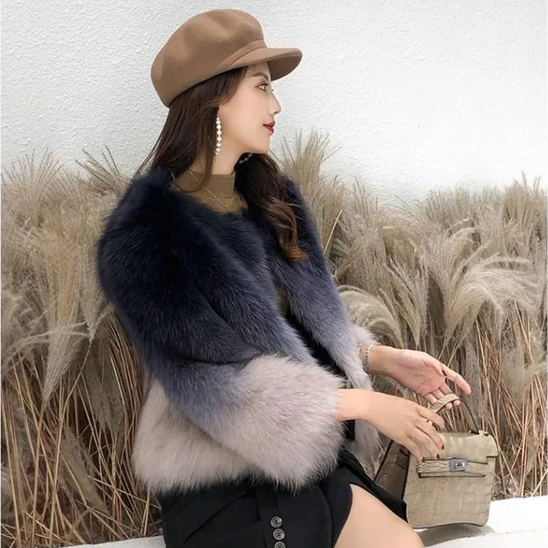 Lucyever Moda Gradient De Pluș Jacheta Femei Coreene Slim Scurt Faux Blană De Vulpe Strat De Sex Feminin Elegant De Înaltă Calitate, Cu Blană Blană Palton Imagine 3